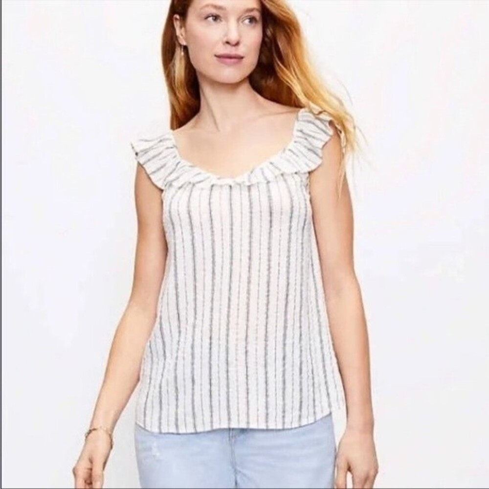 NWT Loft Shimmer Stripe Ruffle Neck Tank, Size XXS